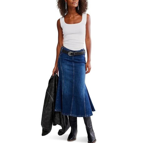 FREE PEOPLE Zia Denim Midi Skirt Size in Wash Bad Habits US 26 NWT - Picture 1 of 13